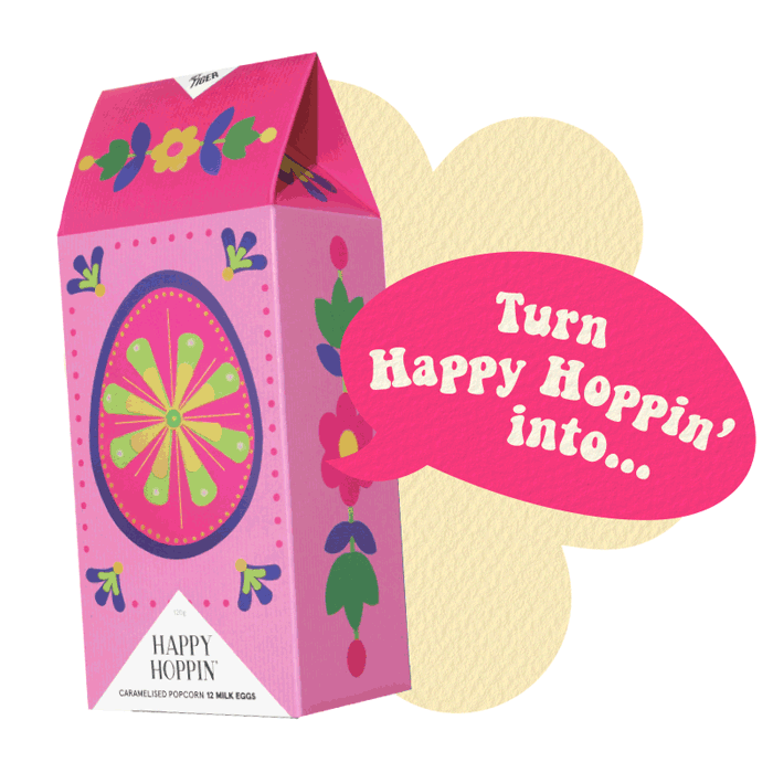Colourful packaging design for a collection of chocolate bars, photographed against a yellow background and featuring folk art-inspired papercraft collage illustration in various Easter-themed motifs.