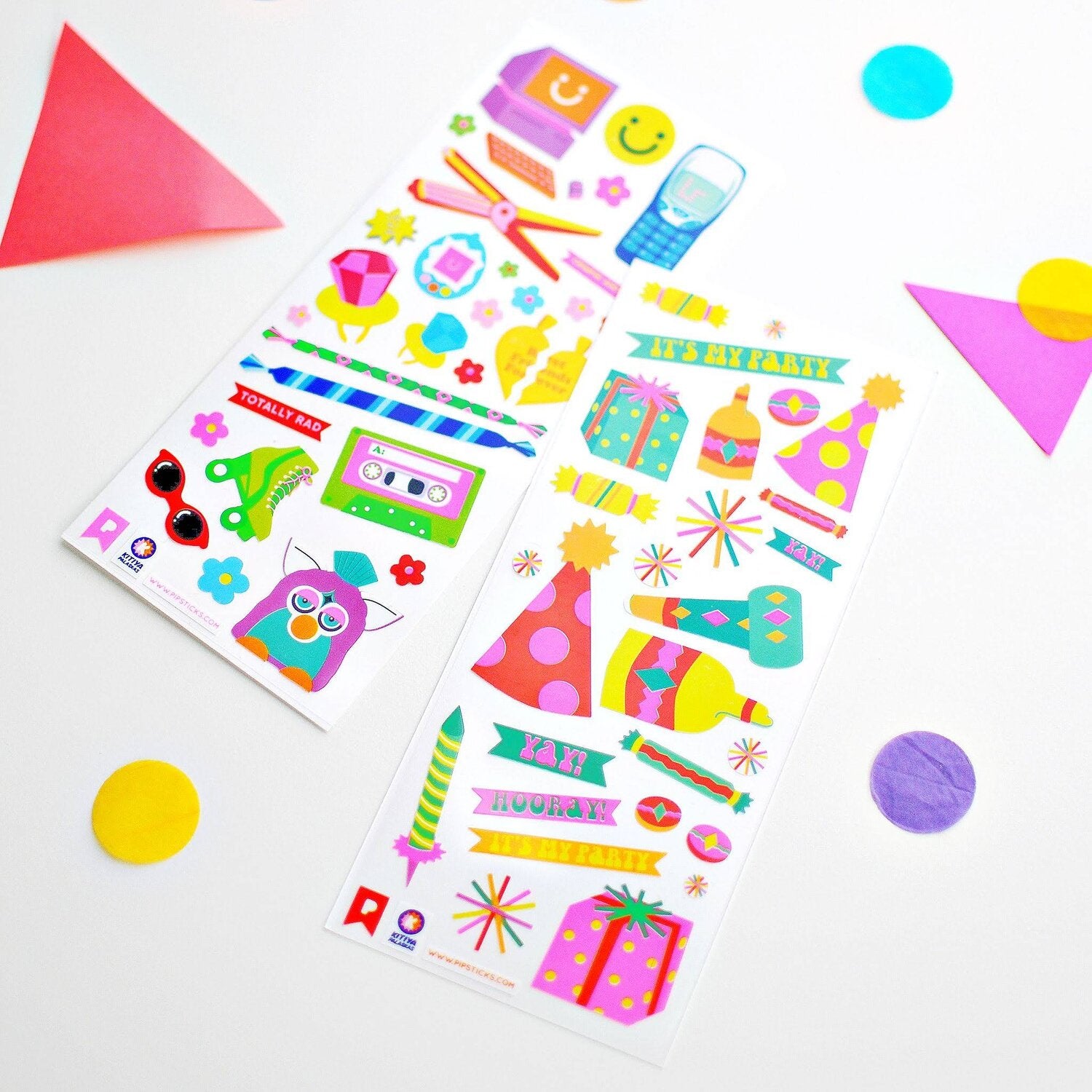 White rectangular sticker sheets featuring a collection of colourful, retro-inspired, illustrated motifs. 