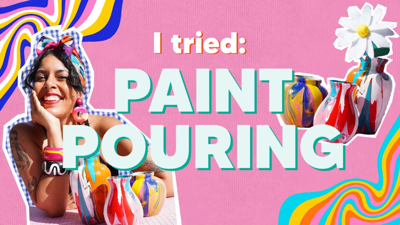 Youtube thumbnail for Officeworks "I tried Paint Pouring" with a pink background and swirly textured glasses