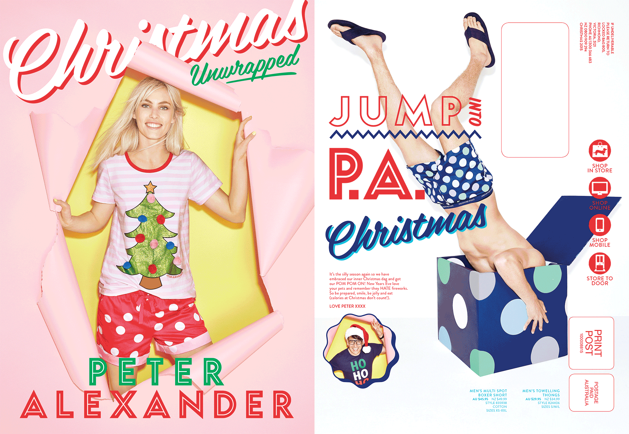 An animation of various pages from a Peter Alexander Pajamas Christmas catalogue, featuring colourful handmade Christmas-themed props.