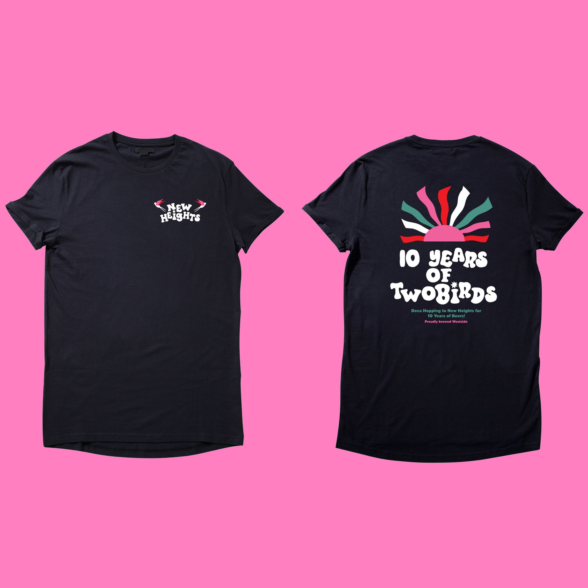 A front and back view of a black tshirt, against a pink background. On the shirt are colourful motifs and designs. 