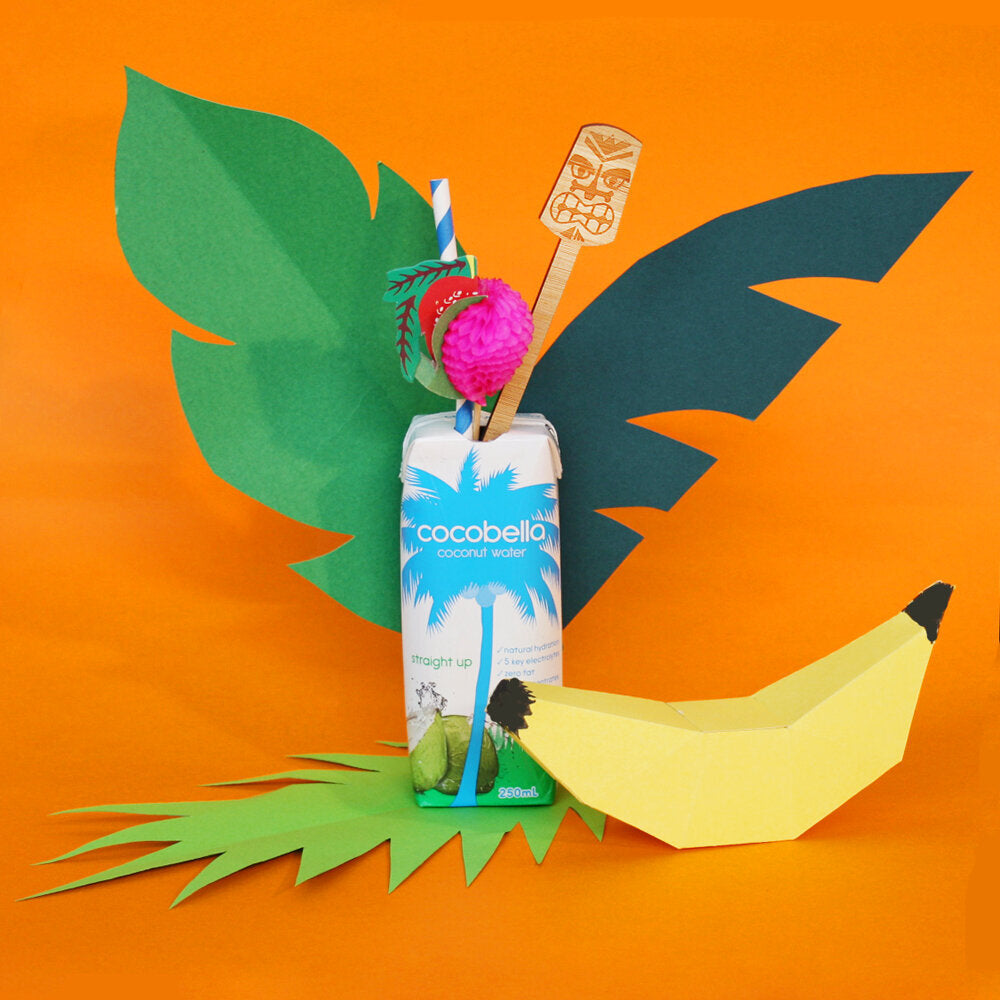 A carton of Cocobella Coconut Water sits among a collection of tropical papercraft props, against an orange background.