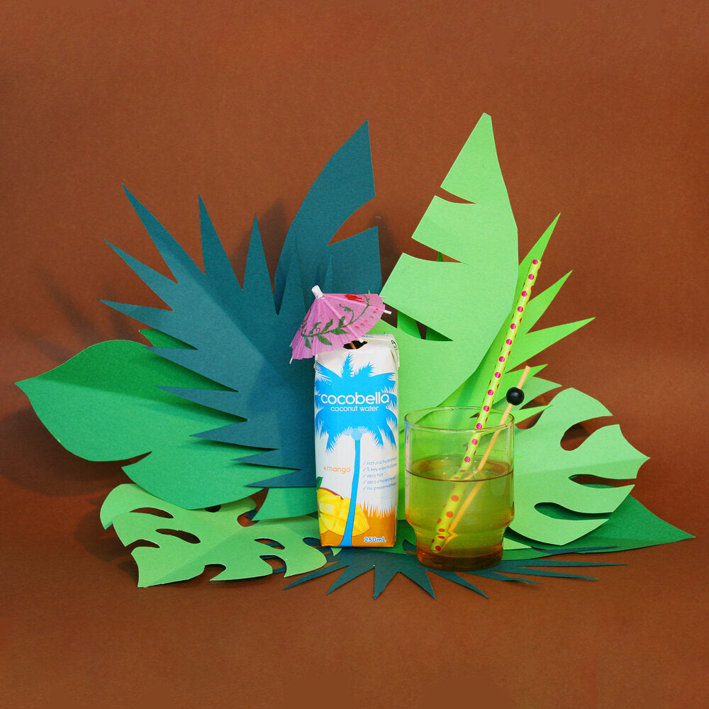 A carton of Cocobella Coconut Water sits among a collection of tropical papercraft props, against a brown background.