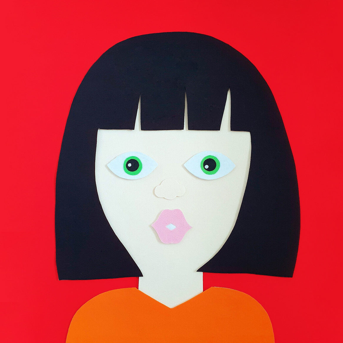 A felt collage installation of an Asian woman with short black hair, on a red background