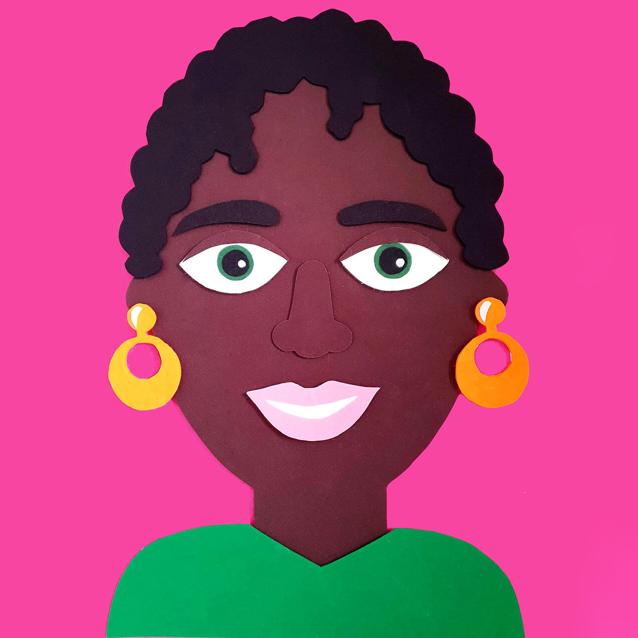 A felt collage illustration of a brown woman with short black natural hair, on a magenta background.