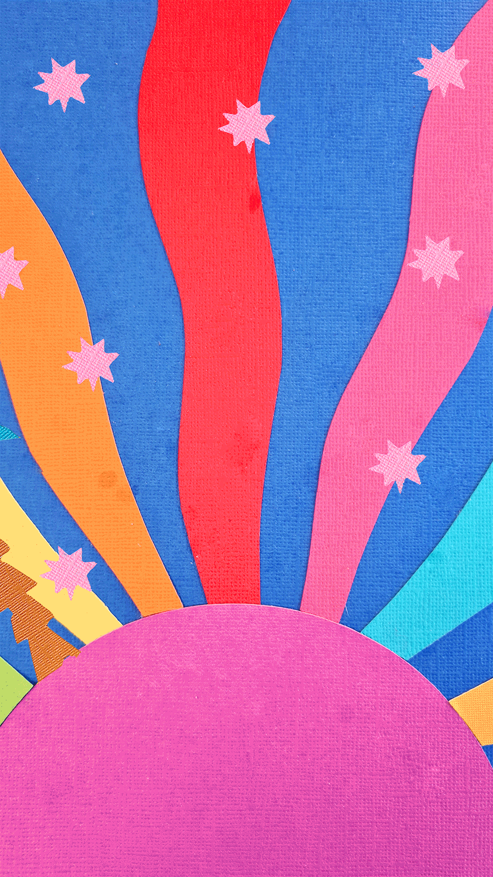 A colourful papercraft collage illustration showing an abstract rainbow, mountain and sky scene. An animated papercraft motif moves on top of the scene. 