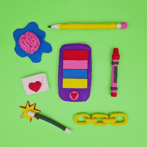 A claymation animation of various stationery items on a green background.
