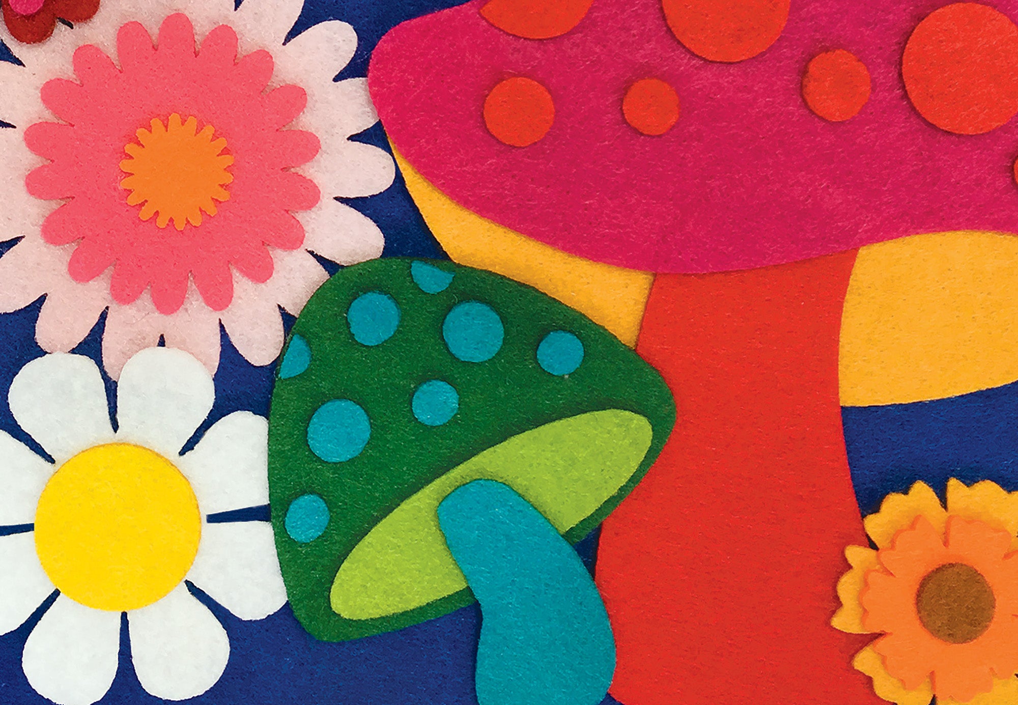 Close up detail of an A3 art print of a felt collage design. The design features felt flowers and mushrooms and the words Dream Big, on a blue felt background. The print is framed on a magenta background.